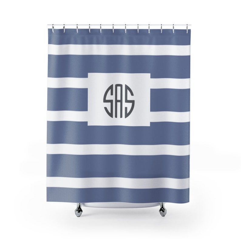Monogrammed Shower Curtain Blue Stripes Personalized Etsy