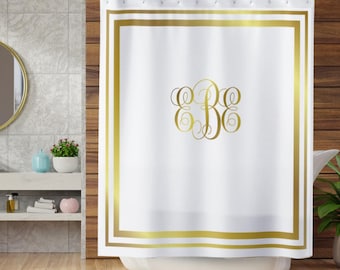 Gold Monogram Shower Curtain: Custom Initial Bathroom Decor