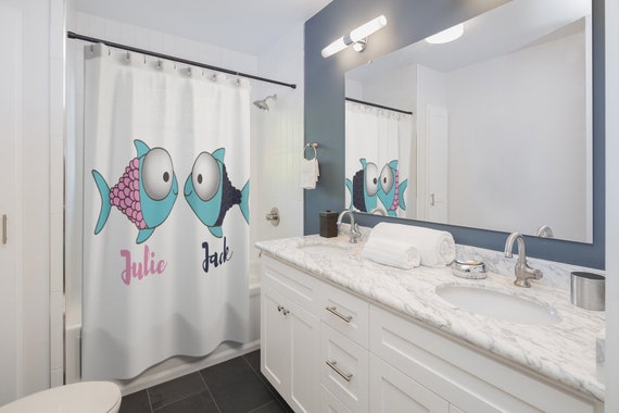 Personalized Kids Shower Curtain Custom Name Shower Decor for Kids Children  Bathroom Design Cute Fish Curtain 