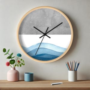 Minimalist Wall Clock, ocean wave classic wall clock, office wall clock, kitchen wall clock, wooden wall clock, cement background