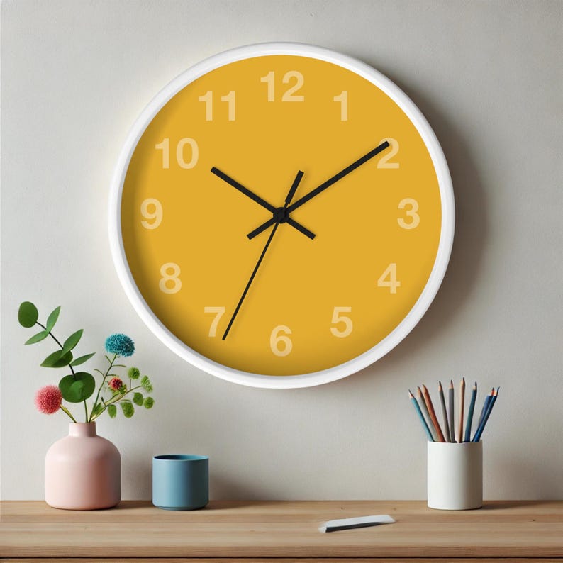 Mustard Yellow Round Wooden Wall Clock Modern Minimalist Wall Decor ...