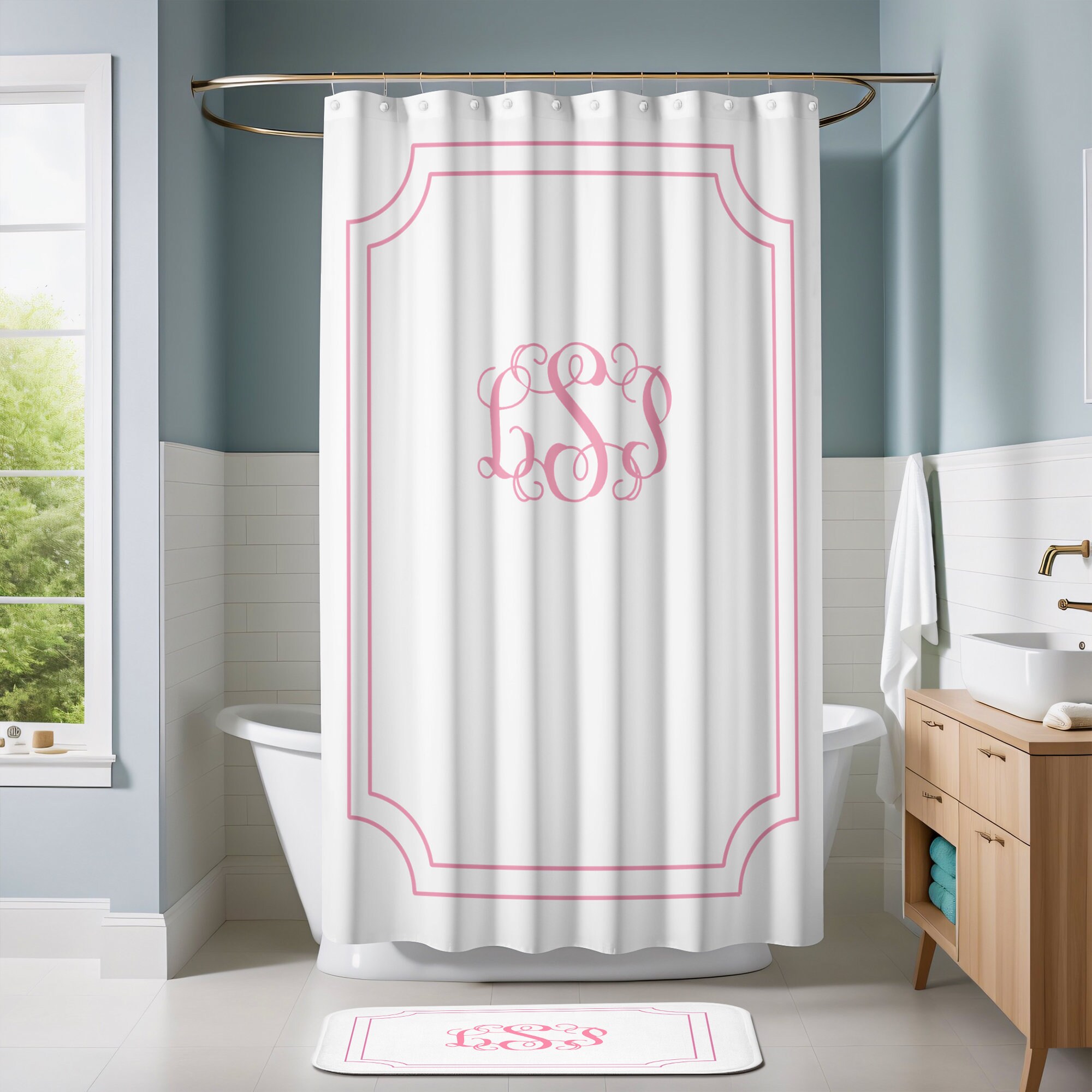 Custom Monogrammed Bathroom Set: Personalized Shower Curtain & Bath Mat ...
