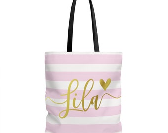 Custom name tote, gift tote with name, personalized gift, pink and white stripes