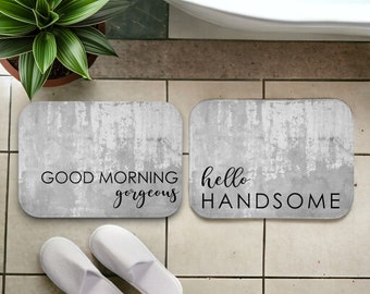 Good Morning Handsome & Gorgeous Matching Bath Mats | Industrial Gray | Couple's Gift | His and Hers | Wedding or Anniversary Gift Idea