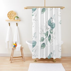 Watercolor Leaves Shower Curtain | Nature Shower Decor | Green Leaves and Branches Boho Design