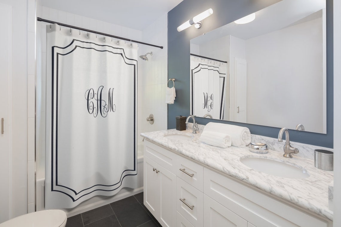 Navy Blue Monogrammed Shower Curtain Personalized Shower Etsy