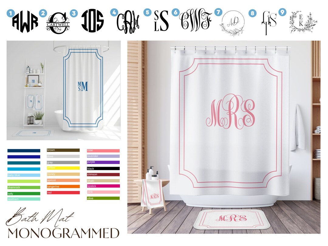 Monogrammed Bathroom Set: Personalized Shower Curtain, Bath Mat & Towel ...