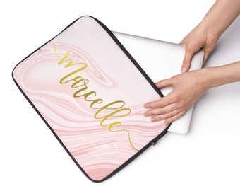 Monogrammed Laptop Sleeve | Pink Marble Custom Name Laptop Sleeve with Gold Text | Personalized Laptop Sleeve | Laptop Sleeve with Name
