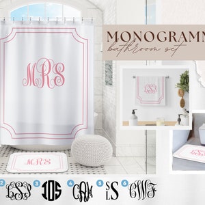 Pink Custom Monogram Bathroom Set | Monogrammed Shower Curtain | Bath Mat and Bath Towel | White with Pink Text | Printed in the USA