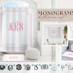 Set da bagno con monogramma personalizzato rosa per il bagno di una ragazza / Tenda da doccia con monogramma / Decorazione da bagno rosa / Tenda da doccia rosa personalizzata