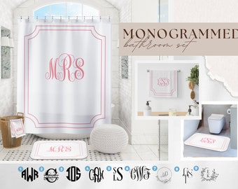 Pink Monogrammed Bathroom Set Custom Shower Curtain & Bath Mat Home Decor Gift
