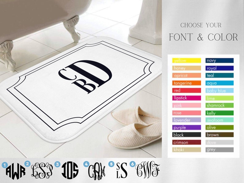 Custom Monogrammed Bath Mat Personalized Bathroom Decor Bathroom Makeover Personalized Restroom Decor Customizable Home Gifts image 1