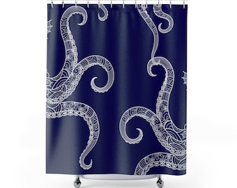 Octopus Shower Curtain | Blue and White Octopus Shower Decor | Unique Bath Curtain | Bathroom Decor