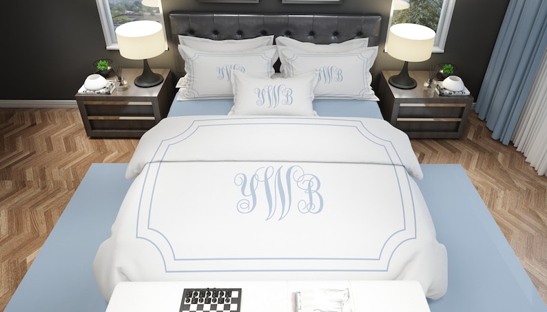 Custom Monogram Bed Set Monogrammed Duvet Cover and Pillow Cases Personalized Bedding With Initials Bedroom Makeover Dorm Bedding image 5