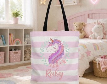 Unicorn Tote Bag For a Girl | Custom Name Birthday Gift Idea | Personalized Pink Carry All Shoulder Bag | Trendy Gift Under 30