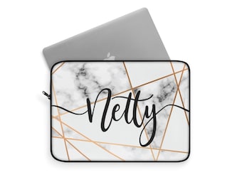 Custom Name Laptop Sleeve | Personalized Laptop Sleeve | Laptop Sleeve with Name | Marble Background with Gold Geometric Shapes Laptop Case
