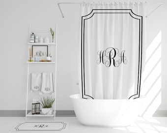 Custom Monogram Bathroom Set | Monogrammed Shower Curtain | Bath Mat and Bath Towel | Black and White Shower Set with Initials