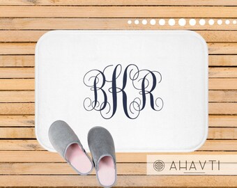 Monogrammed Memory Foam Bath Mat: Navy Blue Font