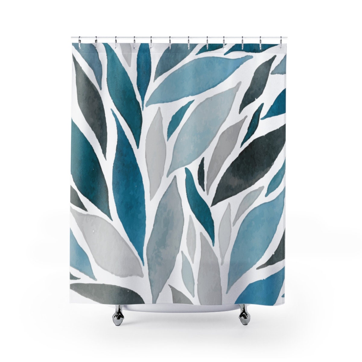 Details about   Fabric Shower Curtain Leaves Blue Gray Hooks Liner Included 