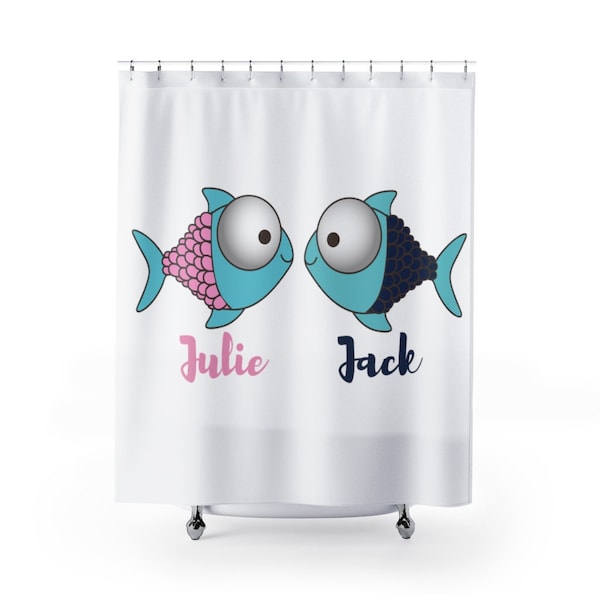 Personalized Kids Shower Curtain | Custom Name Shower Decor For Kids | Children Bathroom Design | Cute Fish Curtain