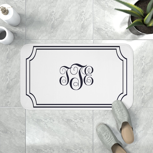 Monogrammed Bath Mat in Navy Blue and White  | Elegant Bath Mat with Your Own Monogram | Classic Initials Bathroom Decor