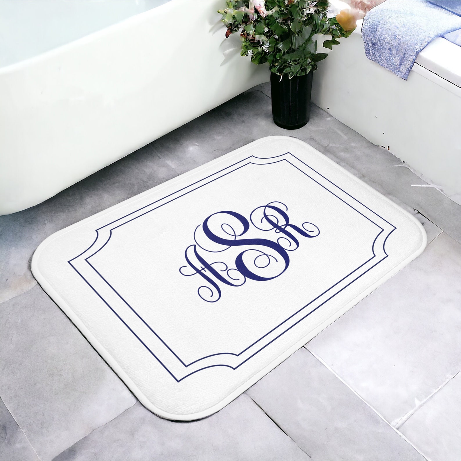 Monogrammed Bath Mat: Navy Blue Elegant Memory Foam Shower Rug - Etsy