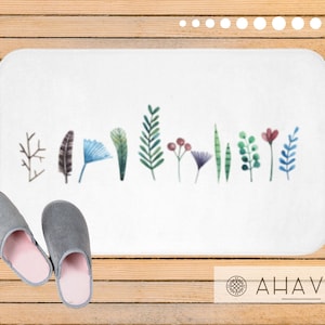 Delicate Floral Bath Mat | Botanical Bath Mat | Small Leaves, Plants & Feathers Mat | Nature Lovers Bathroom Decor