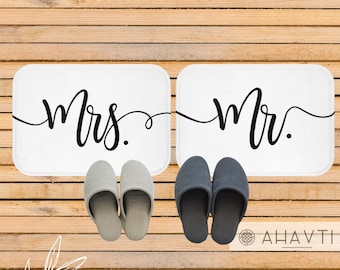 Mrs. and Mr. Matching Bath Mats | Couples' Gift Ideas | Black & White Bathroom Decor