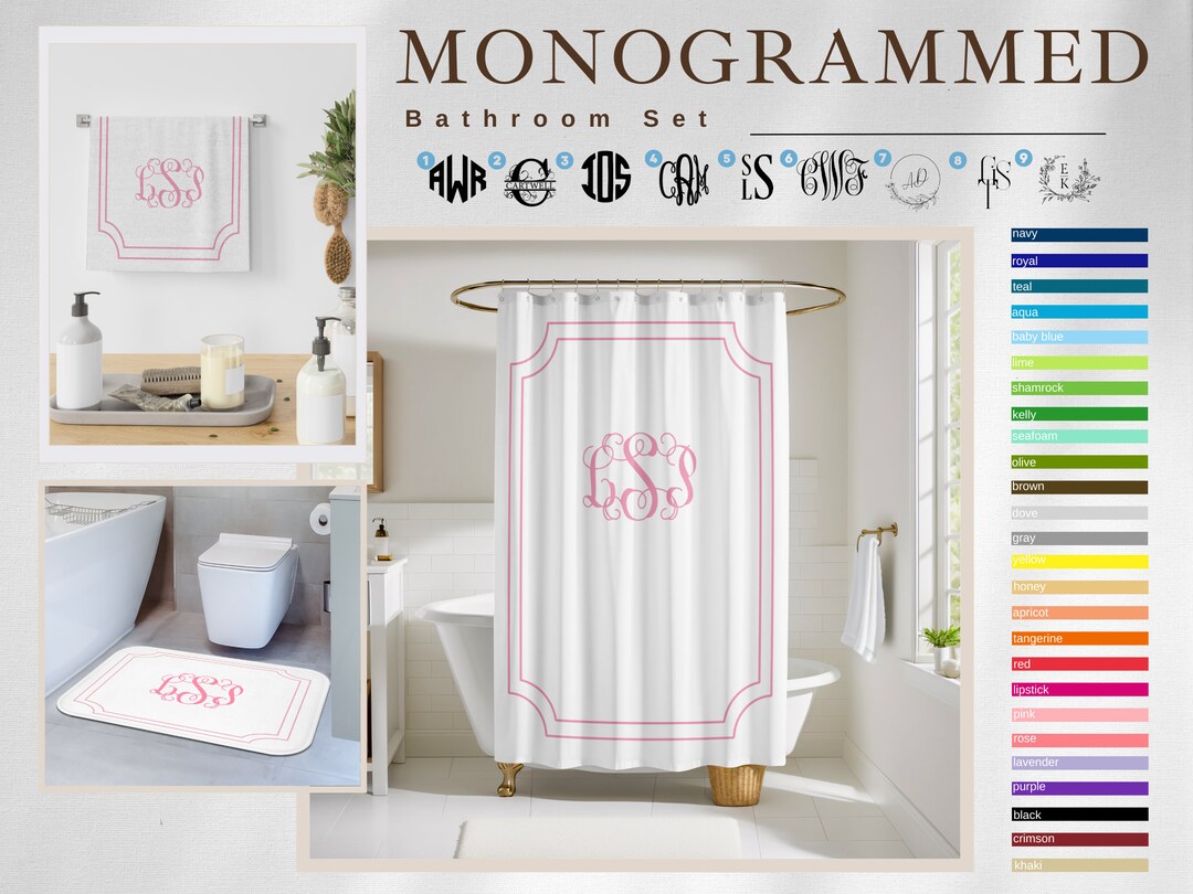 Custom Monogram Bathroom Set Monogrammed Shower Curtain Bath Mat ...