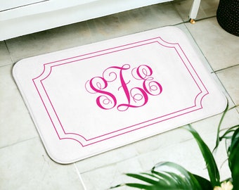 Hot Pink Monogrammed Bath Mat | Custom Monogram Shower Decor | Initials Bath Rug | Girly Bath Mat