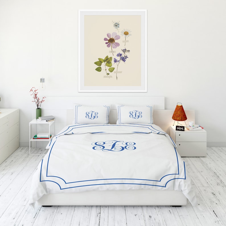 Custom Monogram Bed Set Monogrammed Duvet Cover and Pillow Cases Personalized Bedding With Initials Bedroom Makeover Dorm Bedding image 3