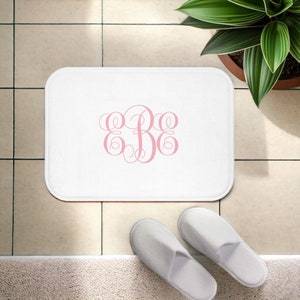 Monogrammed Bath Mat | Elegant Bath Mat With Your Own Monogram | Personalized Bathroom Accessories | Light Pink Initials White Background