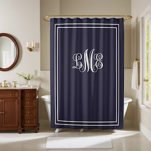 Monogrammed navy blue shower curtain | Personalized Bathroom Decor | Custom Initials