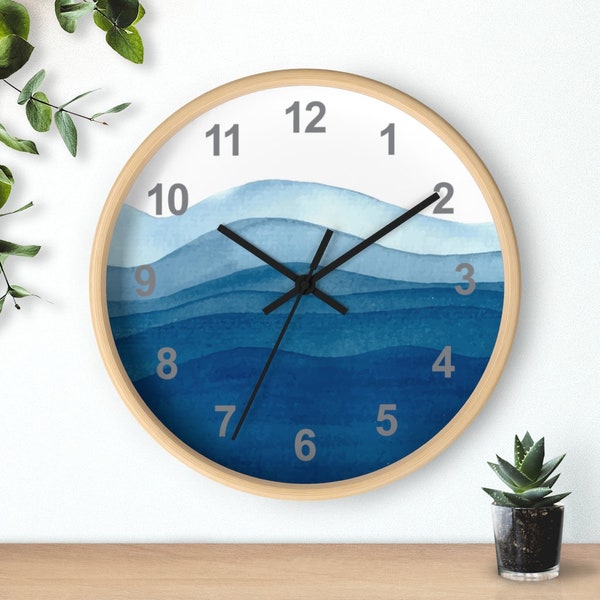 Minimalist Wall Clock | Blue and White Ocean Waves Round Classic Wall Clock | Silent Wooden Clock