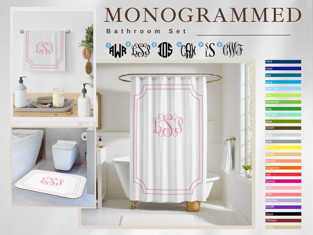 Custom Monogrammed Bathroom Set: Personalized Shower Curtain & Bath Mat ...
