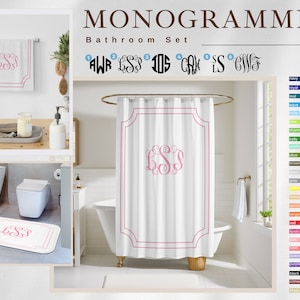 Custom Monogram Bathroom Set Monogrammed Shower Curtain Personalized Bath With Initials Custom Shower Set Bathroom Makeover image 1