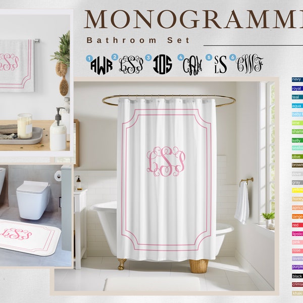 Custom Monogrammed Bathroom Set: Personalized Shower Curtain & Bath Mat