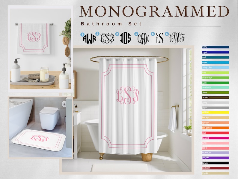 Custom Monogram Bathroom Set Monogrammed Shower Curtain Personalized Bath With Initials Custom Shower Set Bathroom Makeover image 1