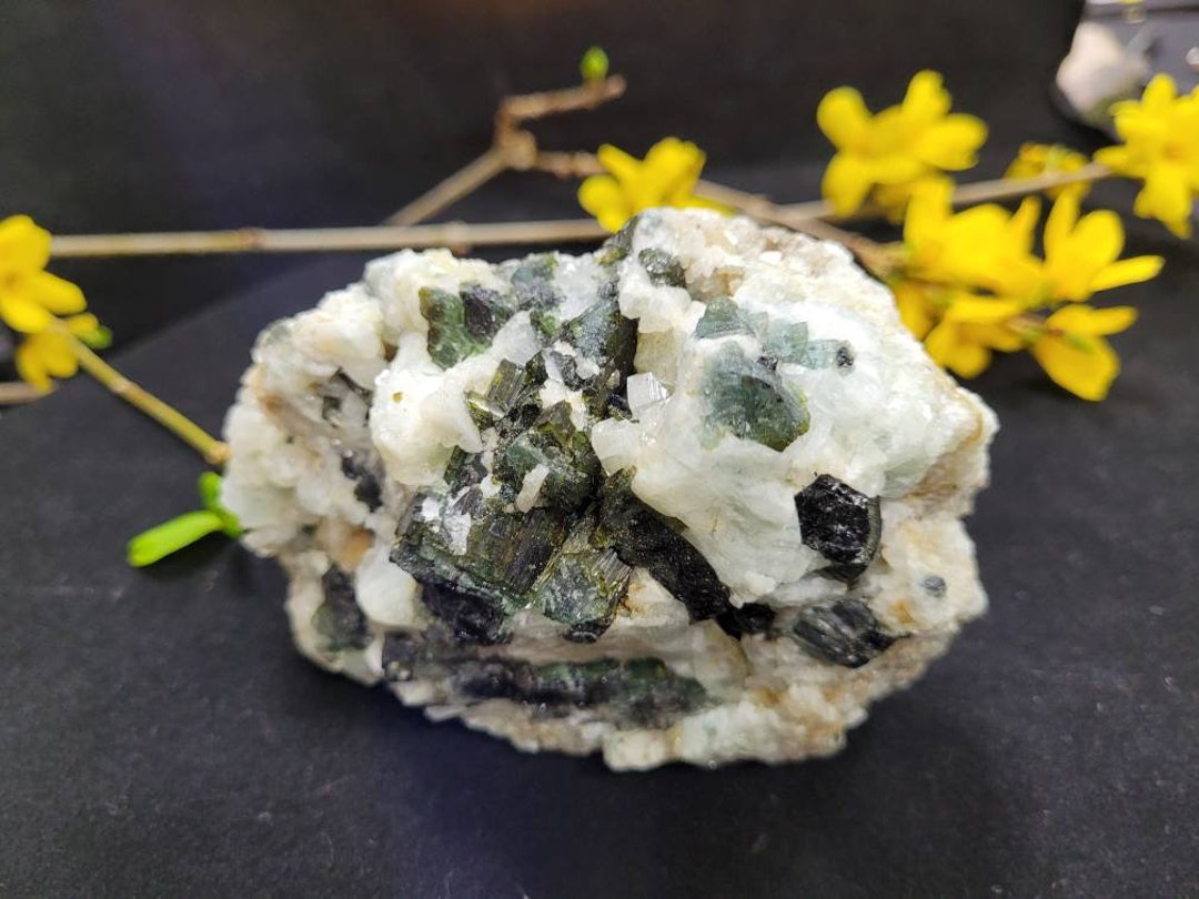 Beautiful Specimen of Albite With Green and Black Tourmaline Chunk From ...