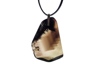Smokey Phantom Quartz Free Form Slab Pendant from Brazil with 52 cm black PU leather cord, crystal necklace Valentine's, Father's Day Gift