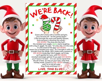 Carta de Elfo "Hemos vuelto" (67), Carta de llegada de Elfo (6/7), Meme de tendencia de Seis Siete, Carta de bienvenida de Elfos (6/7), Idea de nota imprimible navideña de Elfo (CR25R)