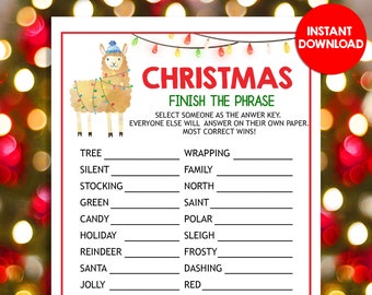 Plantilla imprimible de Word para terminar mi frase navideña, divertida, para fiestas, día de la oficina, aula, familia, niños, adultos y grupos. DESCARGA INSTANTÁNEA.