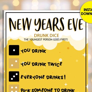 New Years Eve Drunk Dice Game Fun Drinking Games NYE Holiday Party Family Adult Activity Puzzle Office Quiz Day Printable INSTANT DOWNLOAD