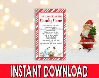 Etiquetas imprimibles de la leyenda del bastón de caramelo, etiquetas de regalo cristianas para niños, tarjetas con poemas navideños, etiquetas de regalo de la iglesia de la escuela dominical con la historia de Jesús CR25R