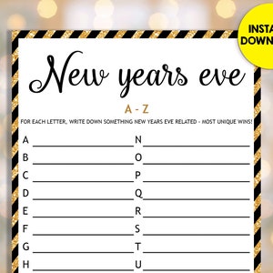 New Years Eve A-Z Word List Games Fun Holiday Party NYE Family Kids Adult Quiz Activity Puzzle Office Printable Template INSTANT DOWNLOAD