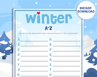 Juego de invierno de la A a la Z, carrera, palabras de temporada, diversión, fiestas navideñas, familia, niños, adultos, cuestionario, actividad, rompecabezas, oficina, imprimible, descarga instantánea