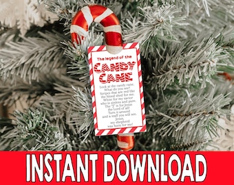 Etiquetas imprimibles de la leyenda del bastón de caramelo, etiqueta cristiana para niños, significado de la Navidad, historia de Jesús para el aula, etiquetas de regalo para la iglesia CR25R