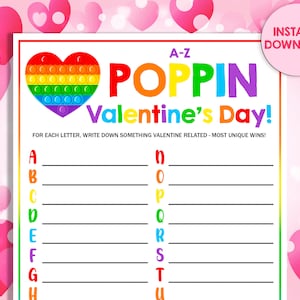 Może przedstawiać: Drukowana gra walentynkowa z tęczowym sercem pop-it. Gra nazywa się "Poppin Valentine's Day!" i instruuje graczy, aby dla każdej litery alfabetu napisali coś związanego z Walentynkami.