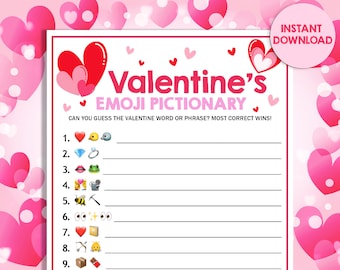 Valentine's Day Emoji Pictionary Game Fun Party Kids Adult Children Galentines Virtual Puzzle Zoom Teacher Office Printable INSTANT DOWNLOAD
