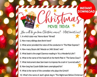 Juegos de trivia de películas navideñas, cuestionario, diversión, fiesta, día, noche, familia, niños, adultos, actividad, oficina, rompecabezas, plantilla imprimible, descarga instantánea